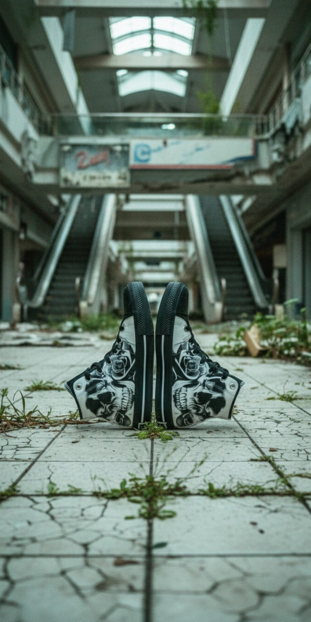 Men's Cartoon Skulls & Roses Black & White high-top canvas shoes — one-of-a-kind custom printed art, Freaky Shoes
