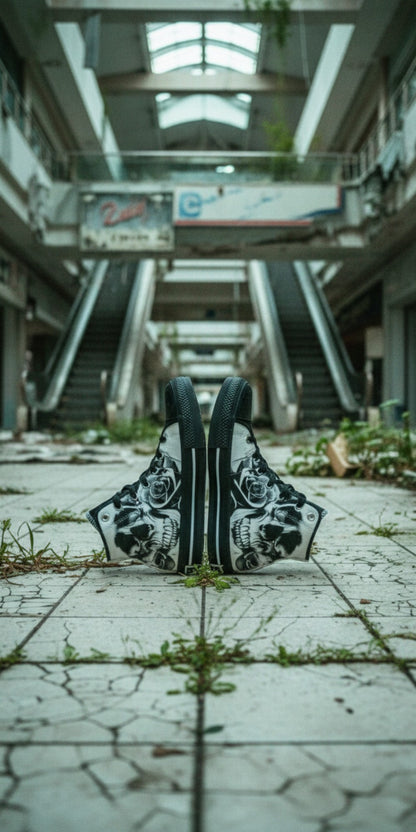 Men's Cartoon Skulls & Roses Black & White high-top canvas shoes — one-of-a-kind custom printed art, Freaky Shoes