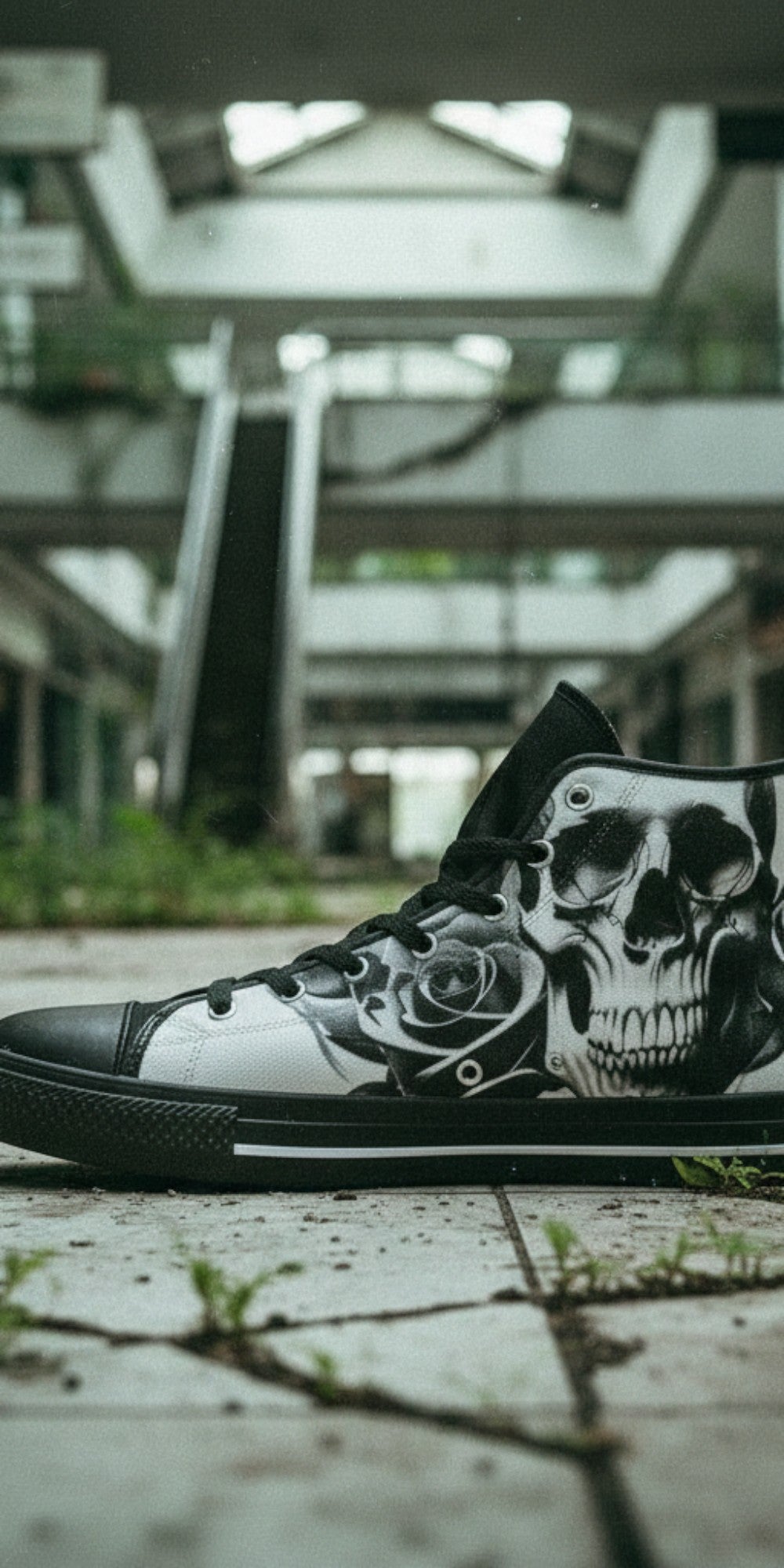 Men's Cartoon Skulls & Roses Black & White high-top canvas shoes, custom full-wrap printed design — Freaky Shoes