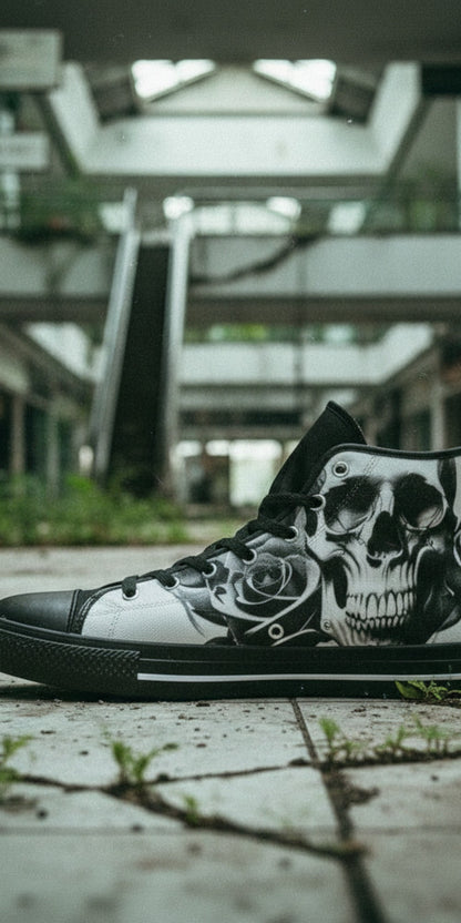 Men's Cartoon Skulls & Roses Black & White high-top canvas shoes, custom full-wrap printed design — Freaky Shoes