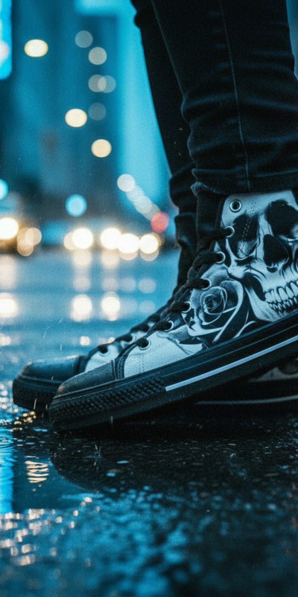 Men's Cartoon Skulls & Roses Black & White hand-made high-top canvas shoes — unique wearable art by Freaky Shoes