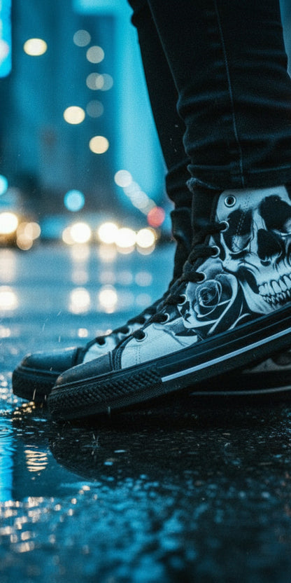 Men's Cartoon Skulls & Roses Black & White hand-made high-top canvas shoes — unique wearable art by Freaky Shoes