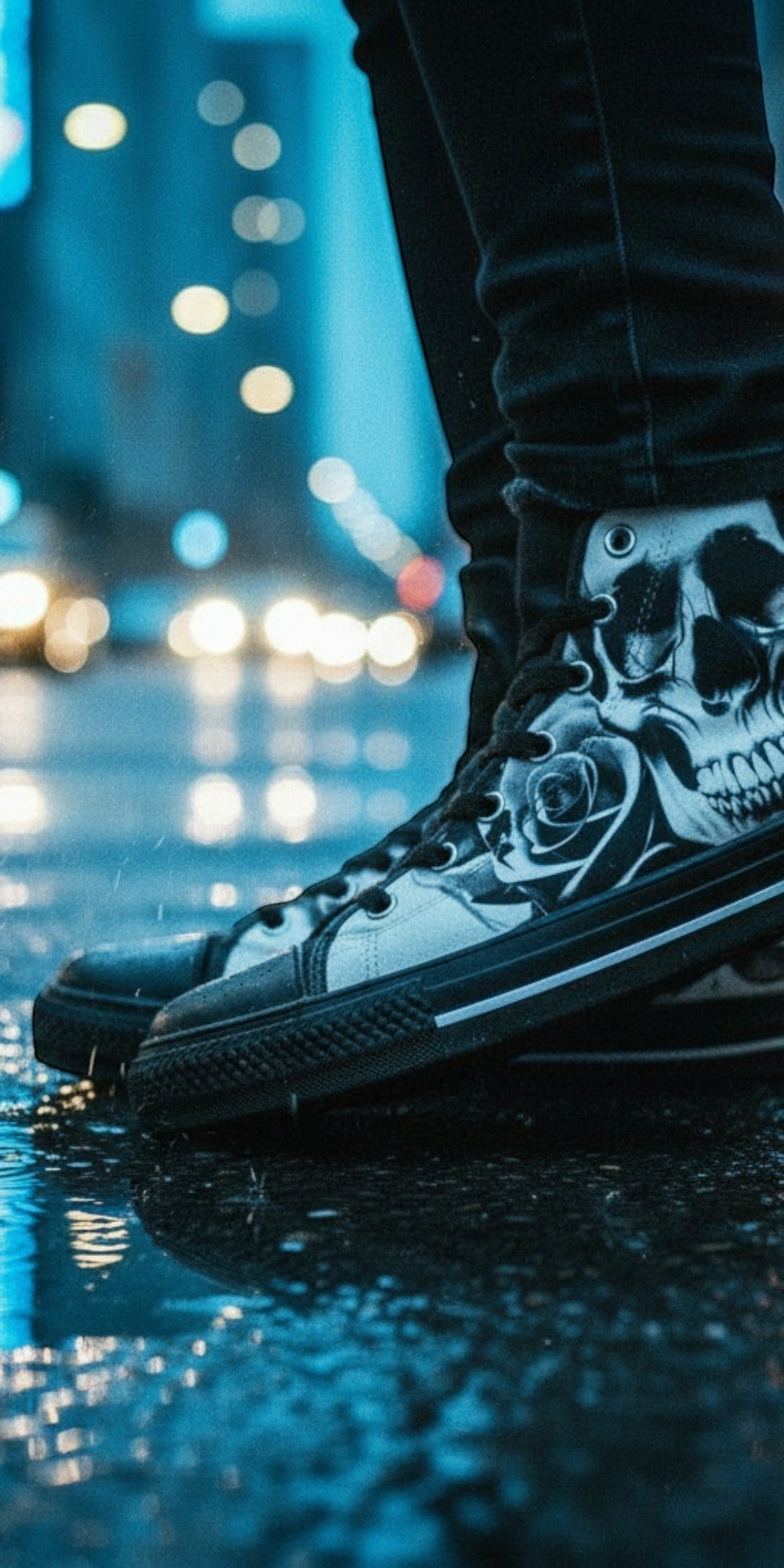 Men's Cartoon Skulls & Roses Black & White hand-made high-top canvas shoes — unique wearable art by Freaky Shoes