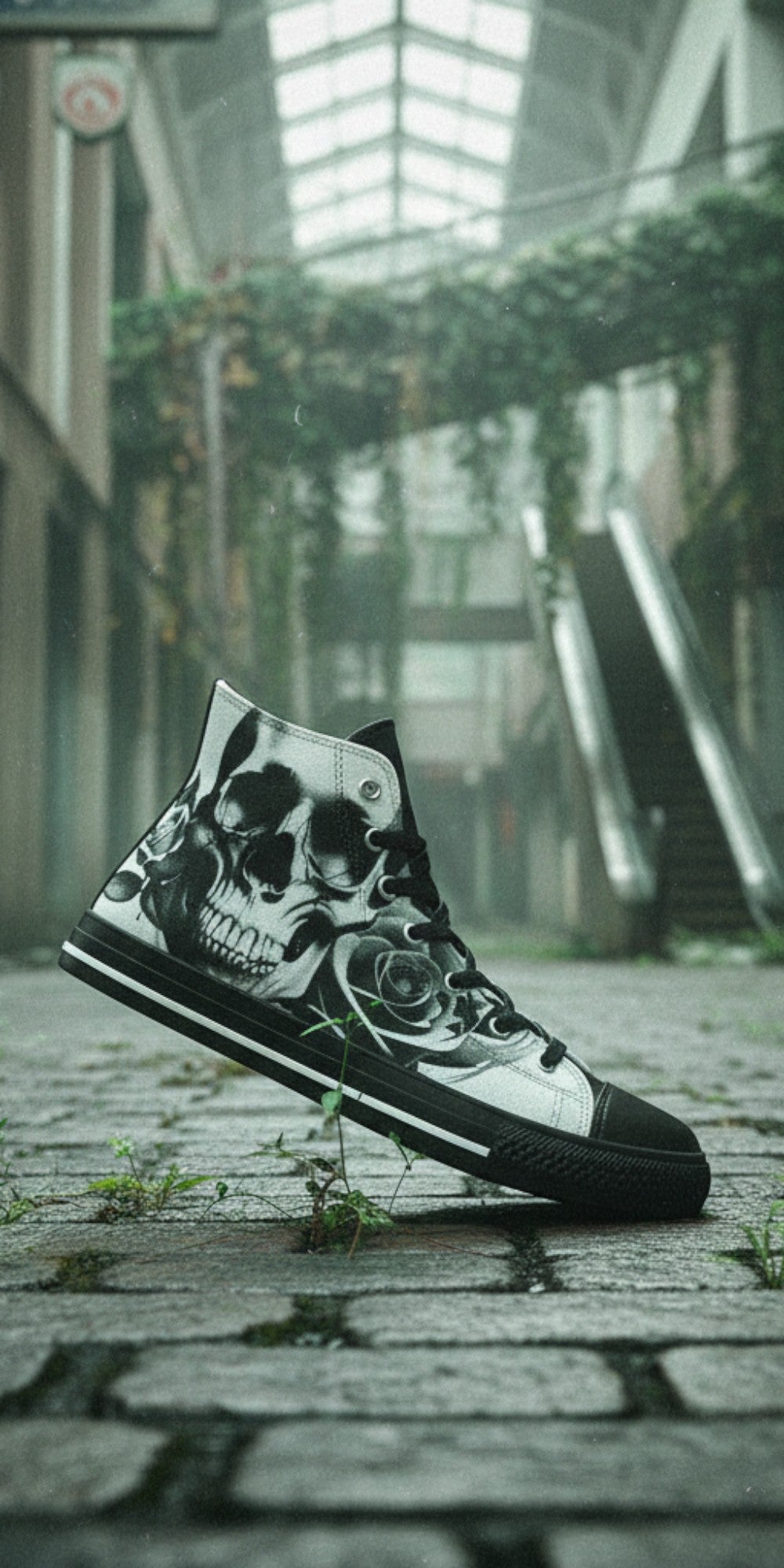 Men's Cartoon Skulls & Roses Black & White custom high-top canvas shoes — wearable art by Freaky Shoes