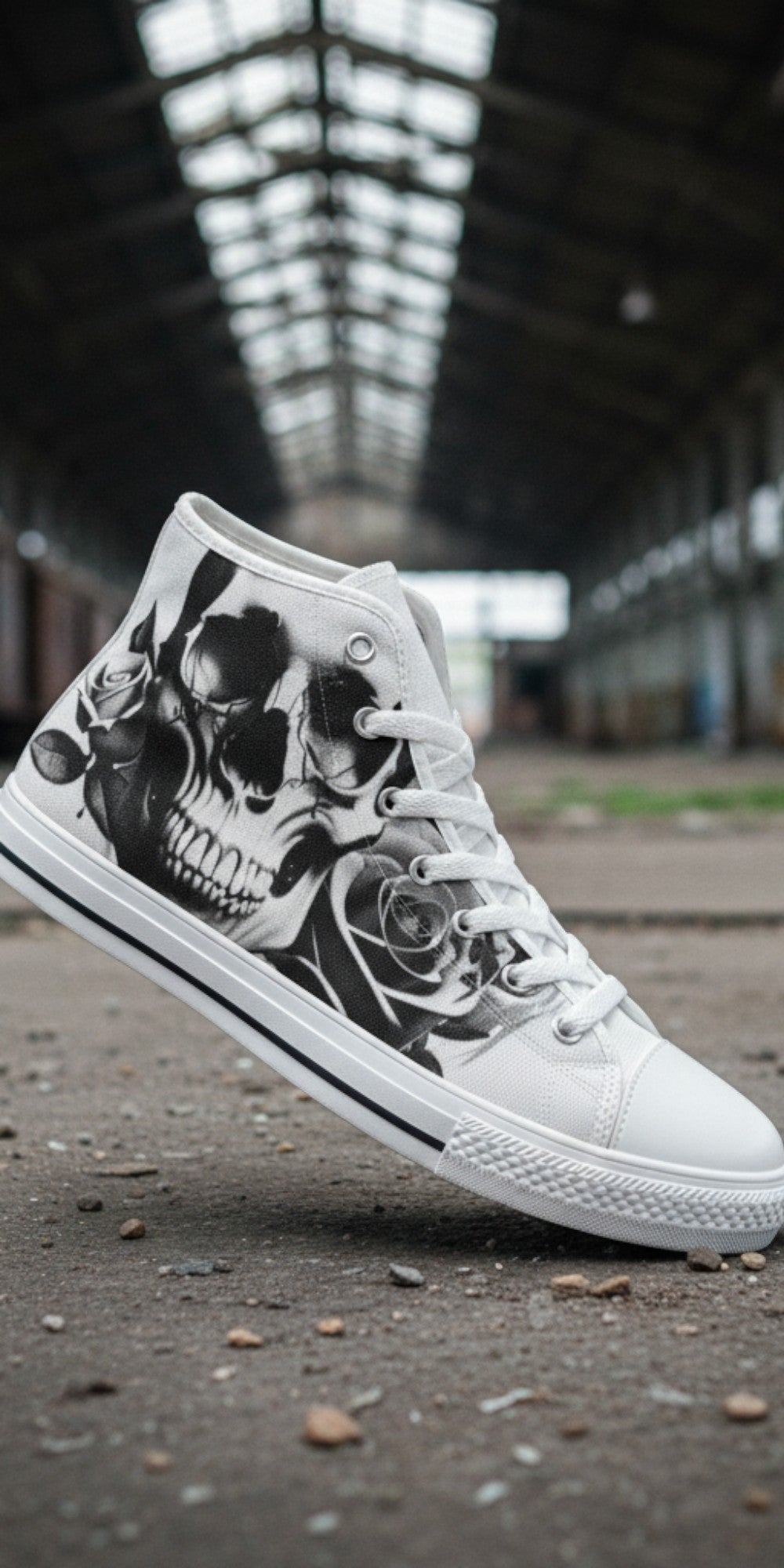 Custom Men's Cartoon Skulls & Roses Black & White high-top canvas shoes with bold all-over art — Freaky Shoes