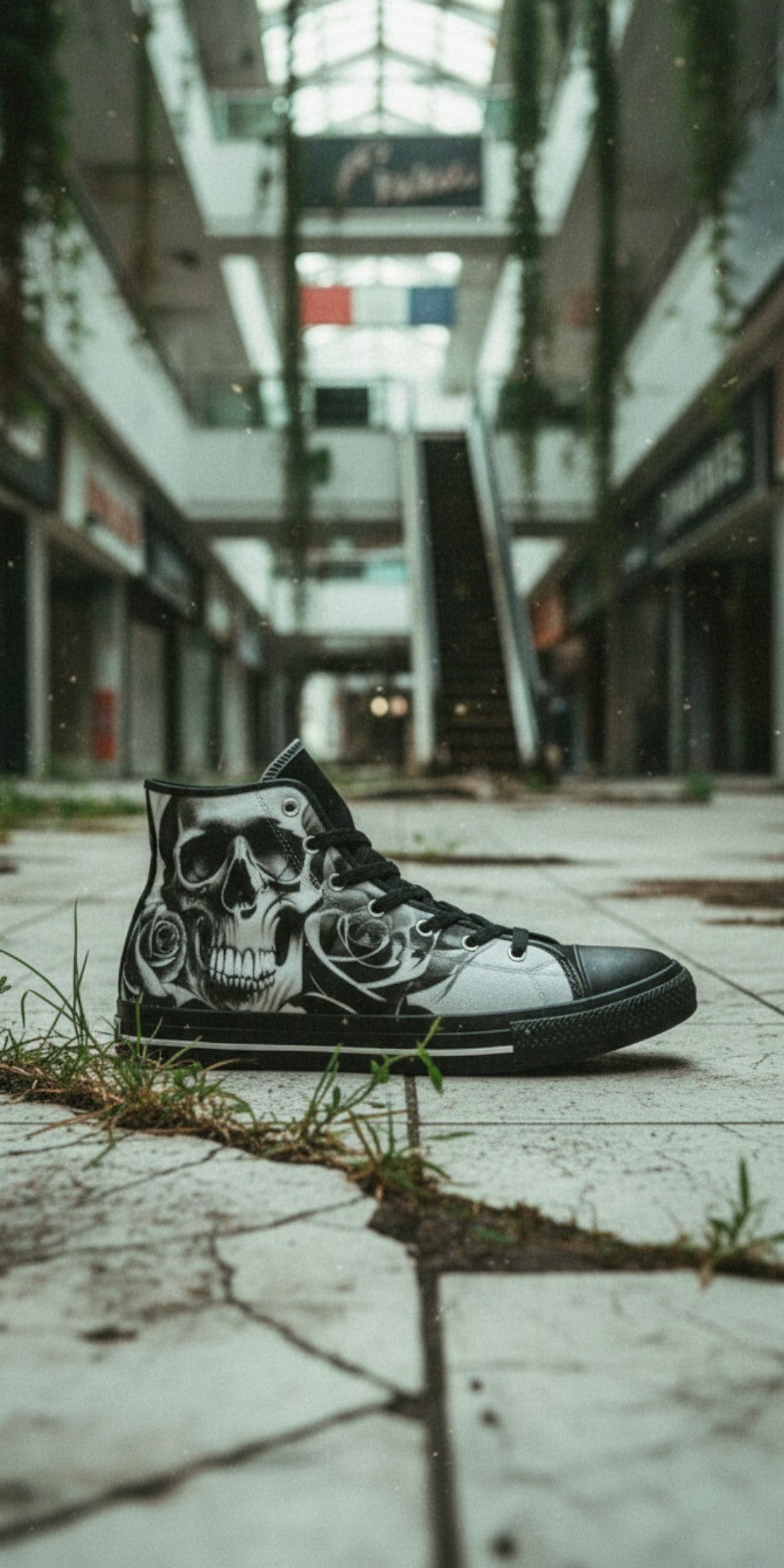 Custom Men's Cartoon Skulls & Roses Black & White high-top canvas shoes with bold all-over art — Freaky Shoes