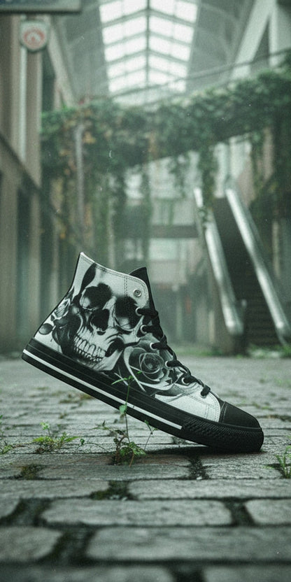 Men's Cartoon Skulls & Roses Black & White custom high-top canvas shoes — wearable art by Freaky Shoes