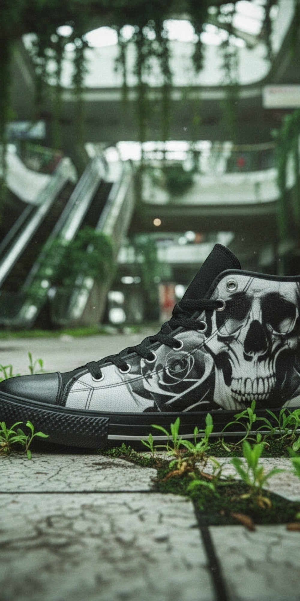 Men's Cartoon Skulls & Roses Black & White custom high-top canvas shoes — wearable art by Freaky Shoes