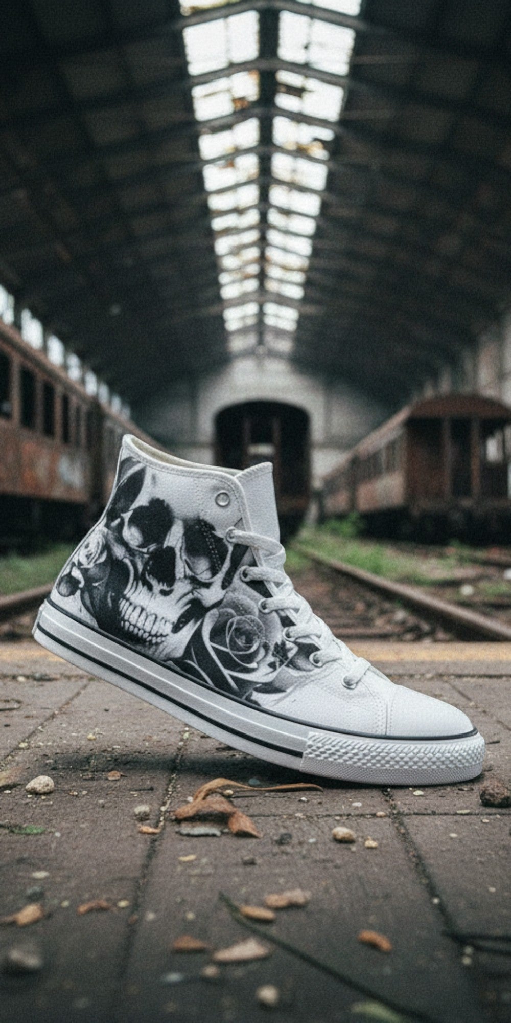 Custom Men's Cartoon Skulls & Roses Black & White high-top canvas shoes with bold all-over art — Freaky Shoes
