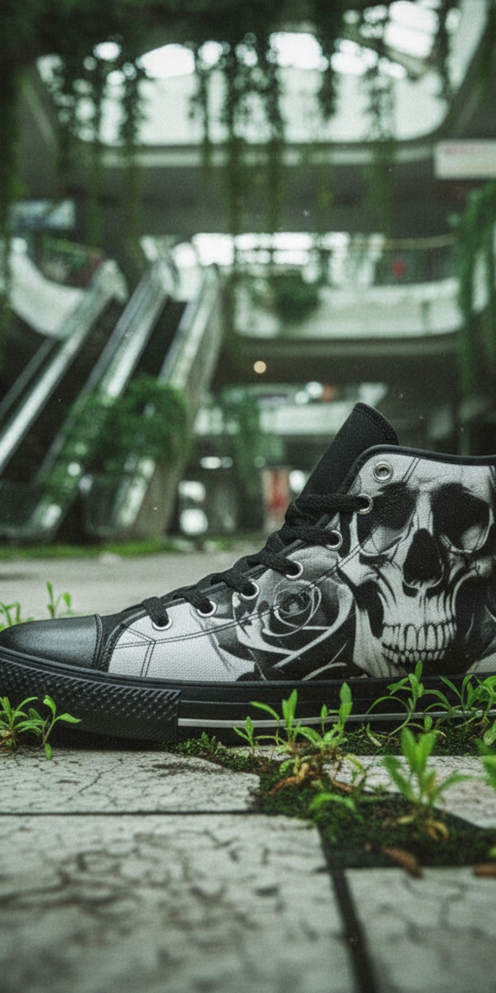 Men's Cartoon Skulls & Roses Black & White custom high-top canvas shoes — wearable art by Freaky Shoes