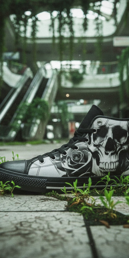 Men's Cartoon Skulls & Roses Black & White custom high-top canvas shoes — wearable art by Freaky Shoes