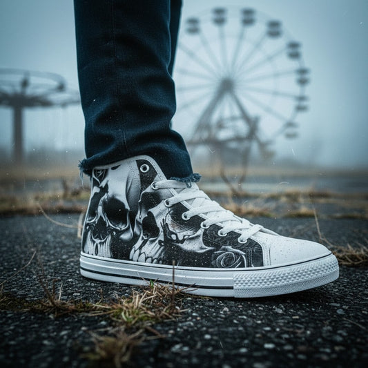 Freaky Shoes® men's high-top canvas sneakers featuring a grey skull and rose print with white laces and metal eyelets.