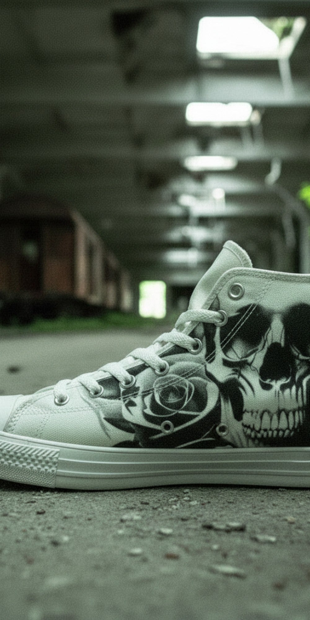 Men's Cartoon Skulls & Roses Black & White hand-made high-top canvas shoes — unique wearable art by Freaky Shoes