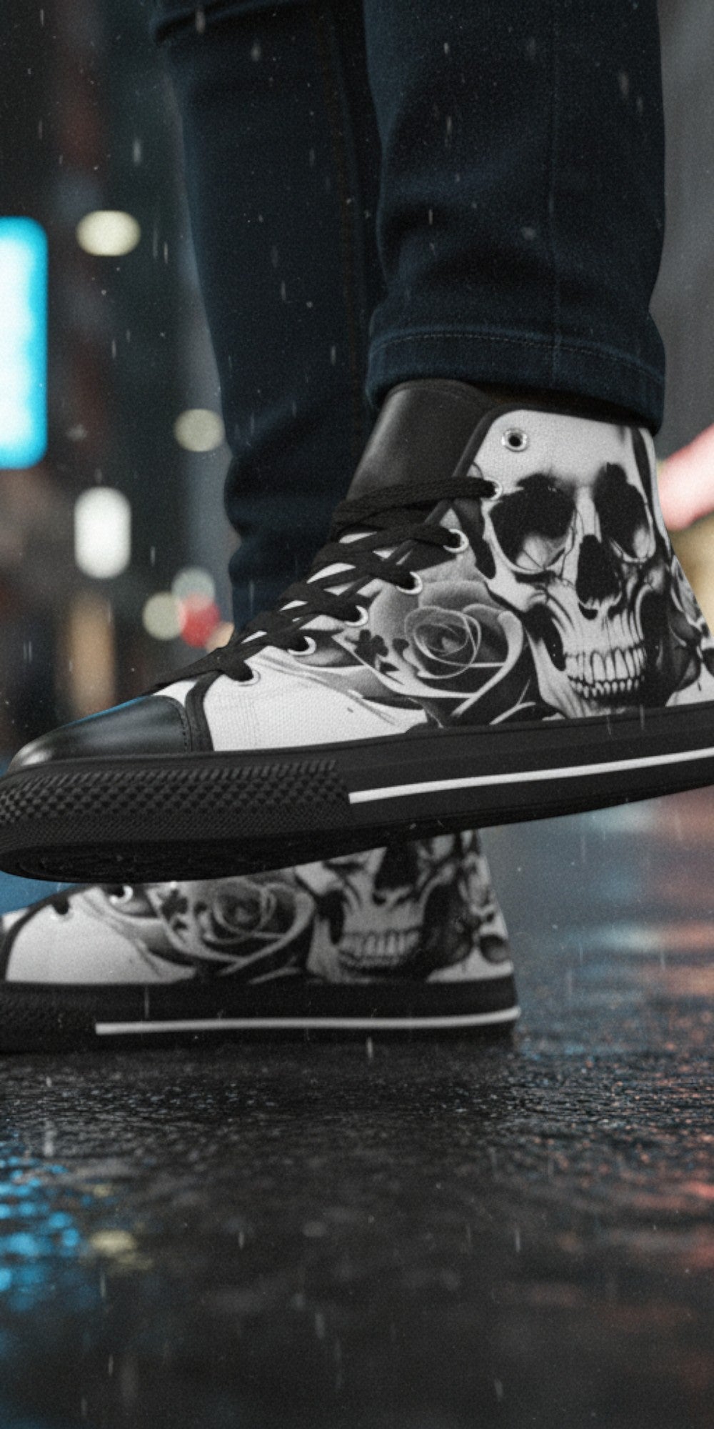 Men's Cartoon Skulls & Roses Black & White high-top canvas shoes, custom full-wrap printed design — Freaky Shoes