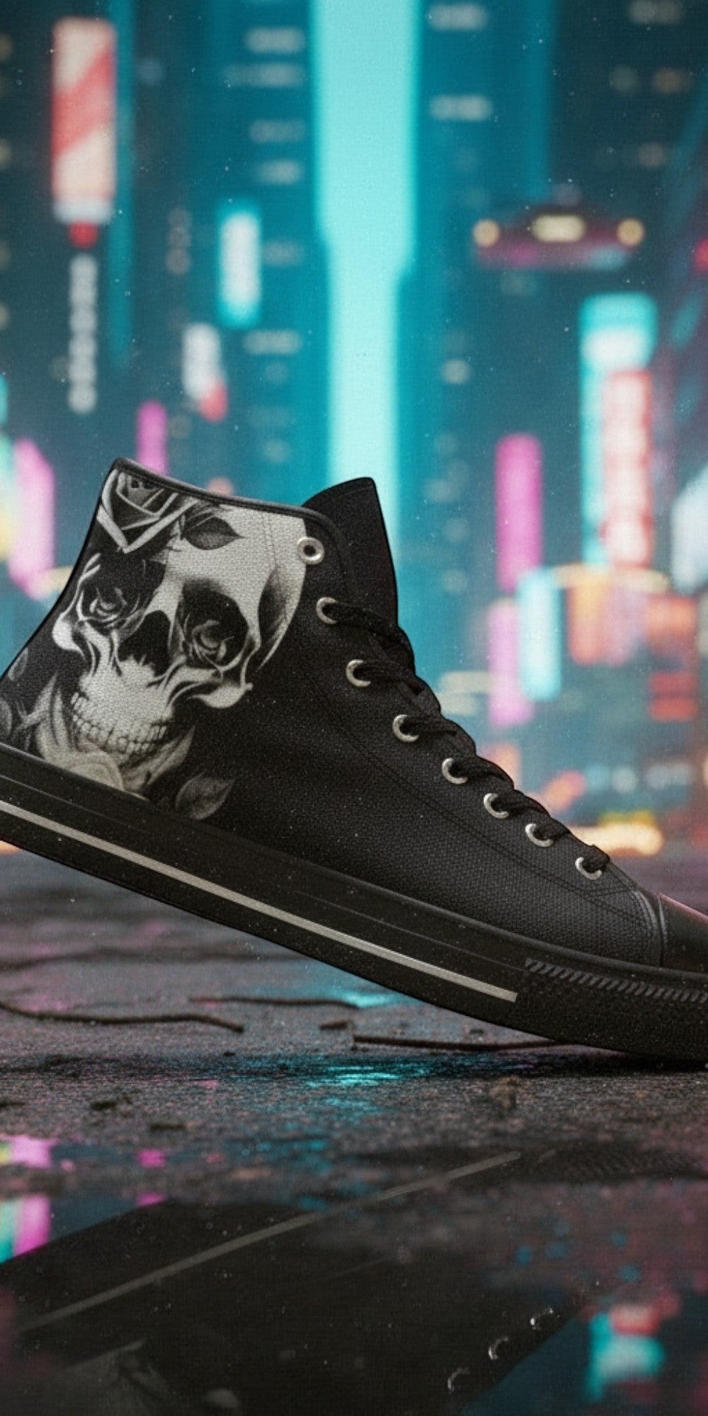 Men's Cartoon Skulls & Roses Black custom high-top canvas shoes — wearable art by Freaky Shoes