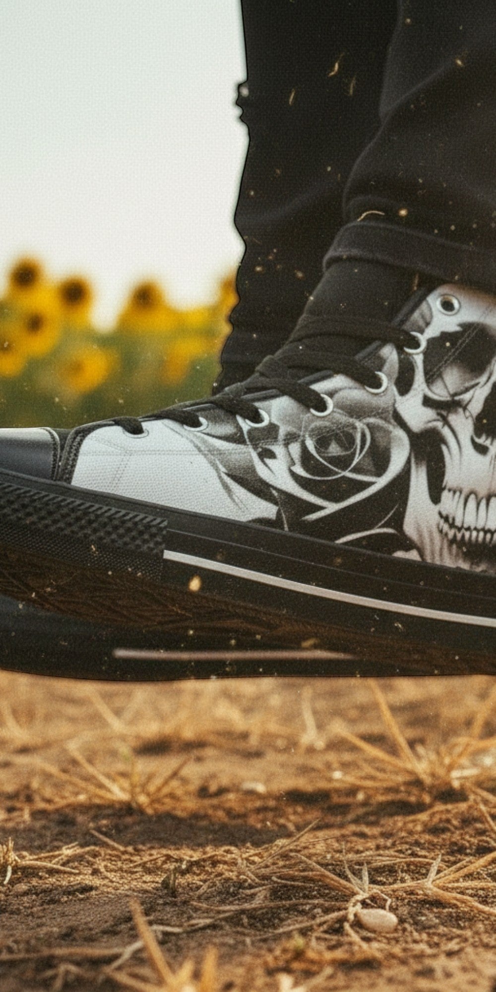Men's Cartoon Skulls & Roses Black & White high-top canvas shoes, custom full-wrap printed design — Freaky Shoes
