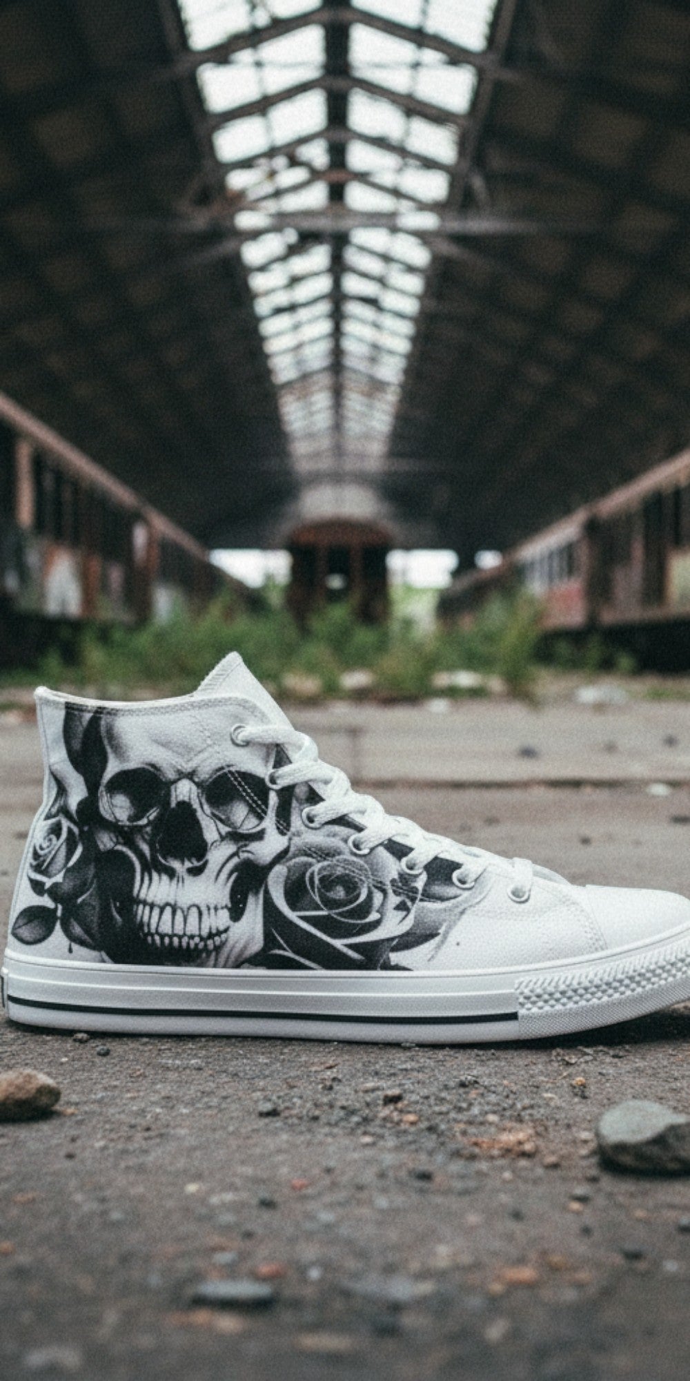 Men's Cartoon Skulls & Roses Black & White custom high-top canvas shoes — wearable art by Freaky Shoes