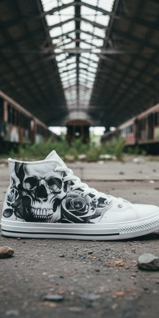 Freaky Shoes® high-top canvas sneakers featuring a grey skull and rose print in an abandoned train station setting.