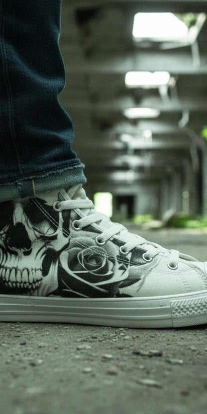 Custom Men's Cartoon Skulls & Roses Black & White high-top canvas shoes with bold all-over art — Freaky Shoes