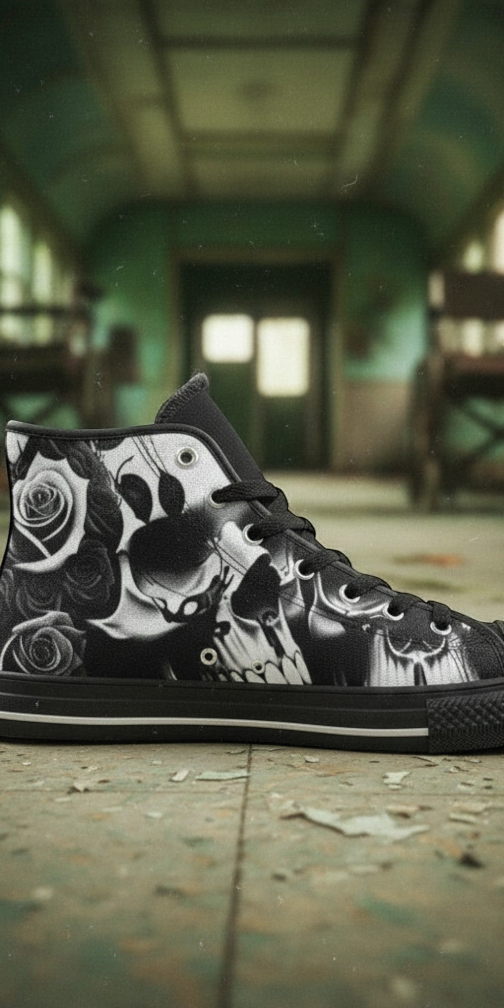 Men's Greyscale Skulls & Roses Black & White high-top canvas shoes, custom full-wrap printed design — Freaky Shoes