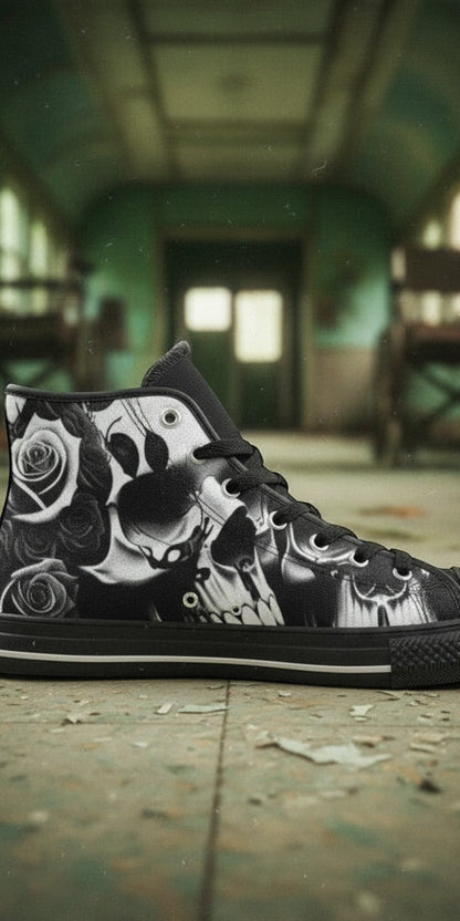 Men's Greyscale Skulls & Roses Black & White high-top canvas shoes, custom full-wrap printed design — Freaky Shoes
