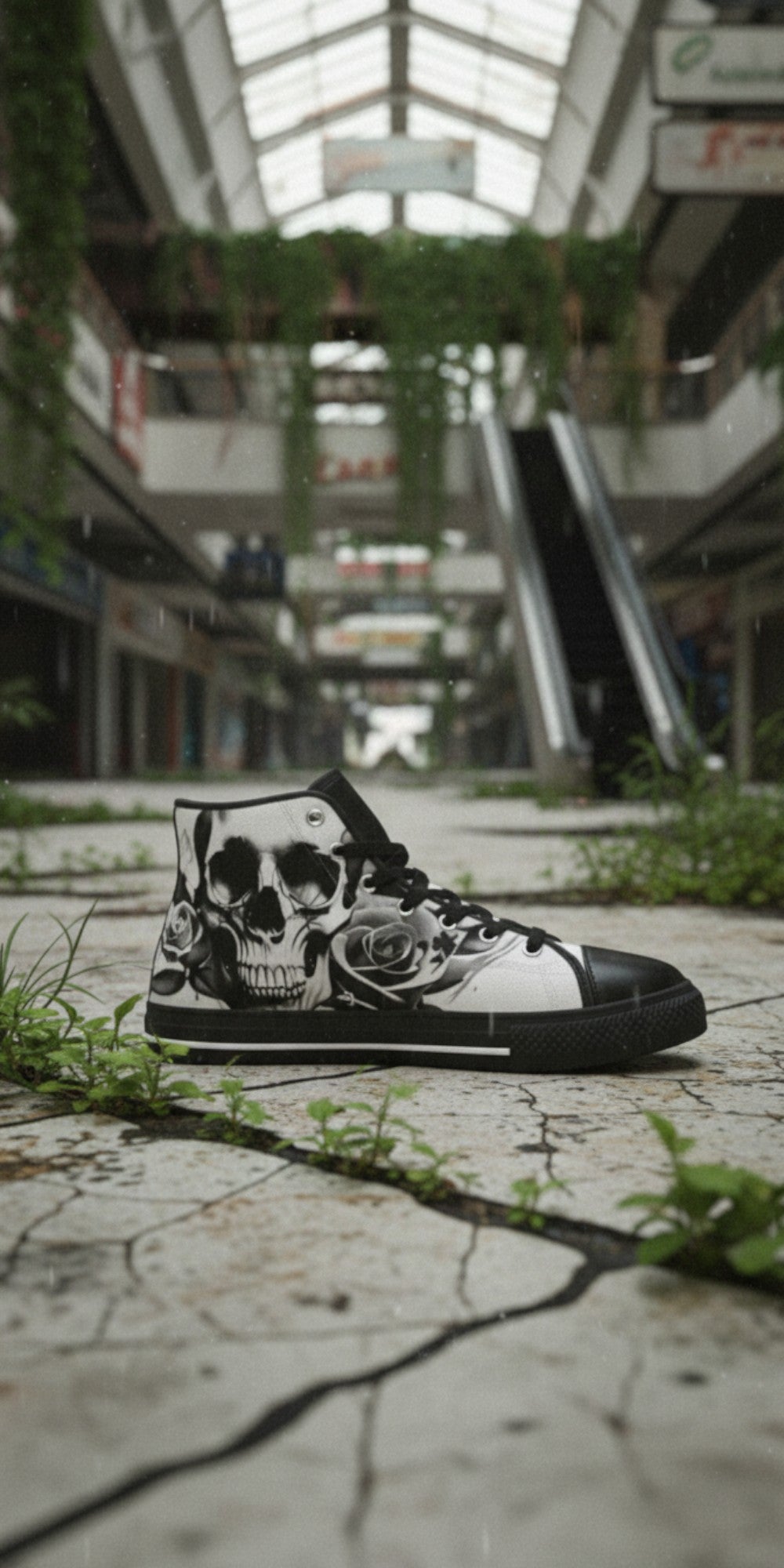 Custom Men's Cartoon Skulls & Roses Black & White high-top canvas shoes with bold all-over art — Freaky Shoes