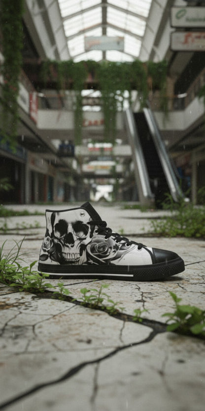 Custom Men's Cartoon Skulls & Roses Black & White high-top canvas shoes with bold all-over art — Freaky Shoes
