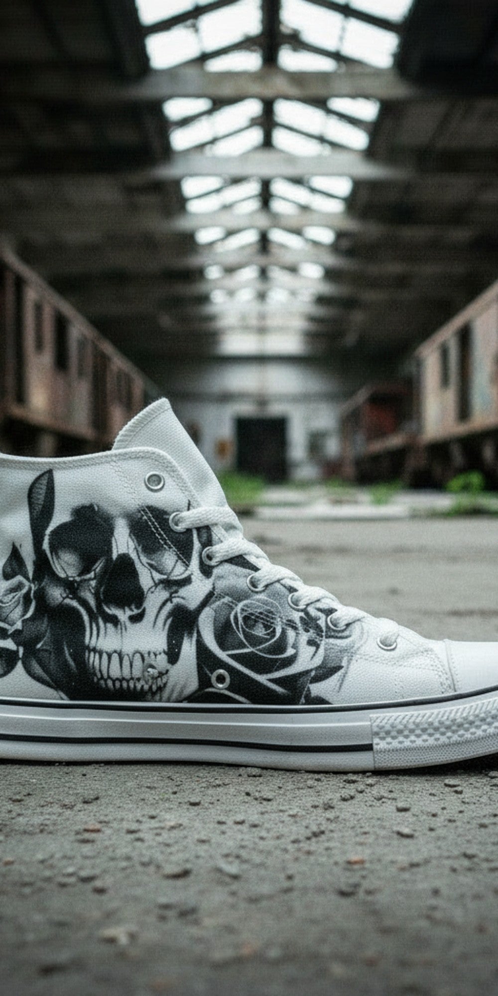 Men's Cartoon Skulls & Roses Black & White custom high-top canvas shoes — wearable art by Freaky Shoes