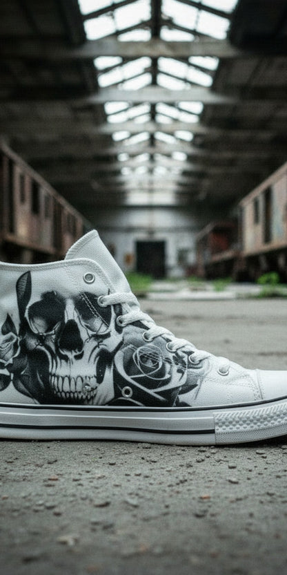 Men's Cartoon Skulls & Roses Black & White custom high-top canvas shoes — wearable art by Freaky Shoes