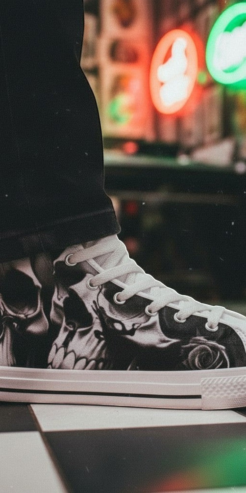 Men's Greyscale Skulls & Roses Black & White high-top canvas shoes, custom full-wrap printed design — Freaky Shoes