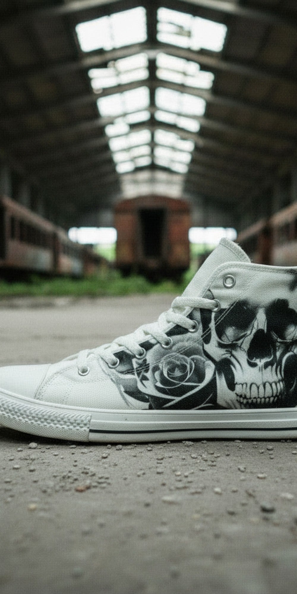 Men's Cartoon Skulls & Roses Black & White high-top canvas shoes — one-of-a-kind custom printed art, Freaky Shoes
