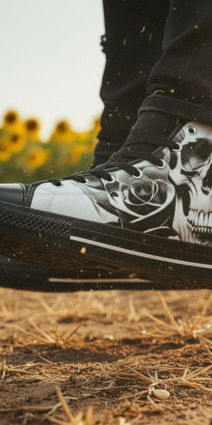 Men's Cartoon Skulls & Roses Black & White high-top canvas shoes, custom full-wrap printed design — Freaky Shoes