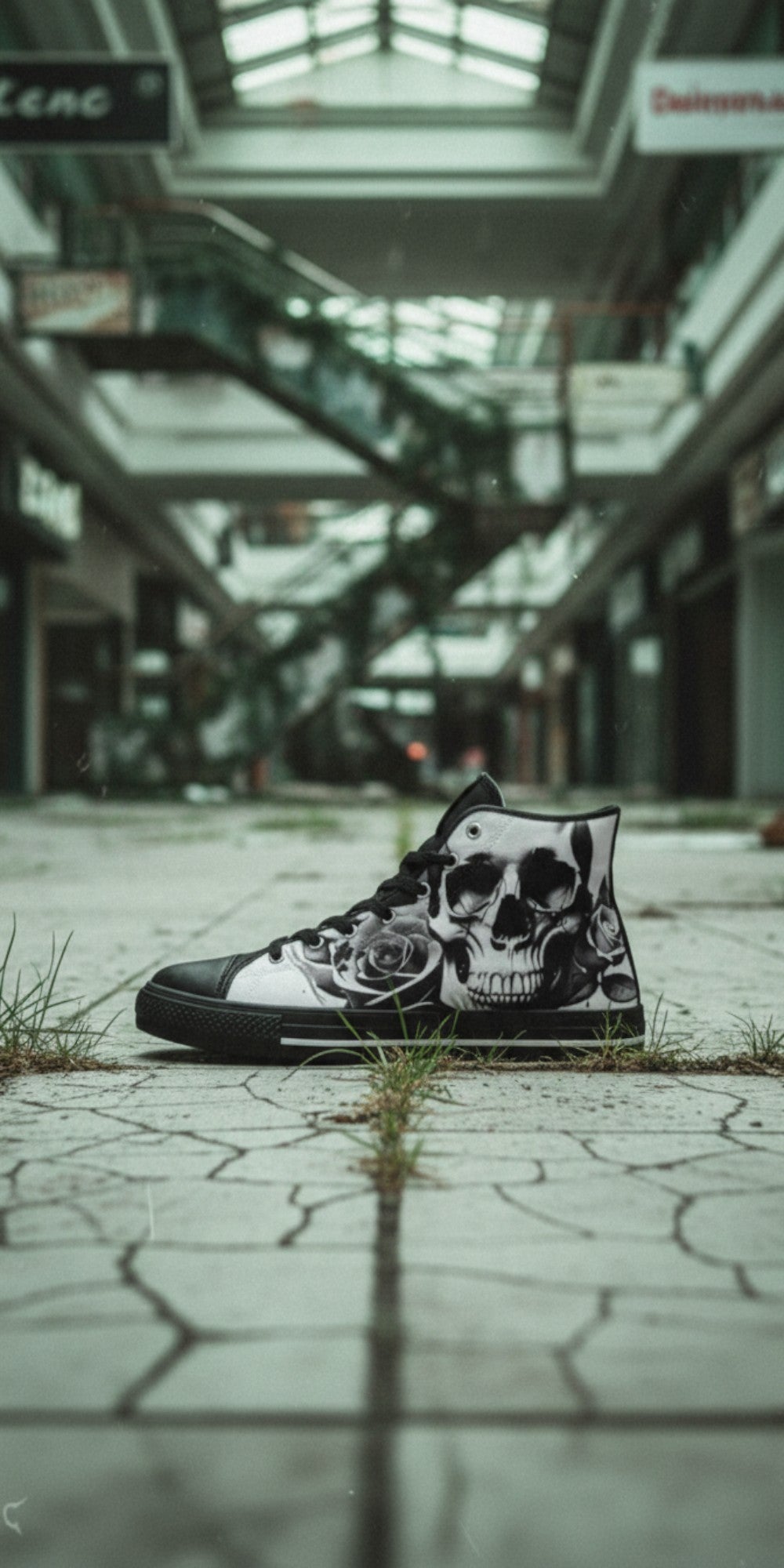 Custom Men's Cartoon Skulls & Roses Black & White high-top canvas shoes with bold all-over art — Freaky Shoes