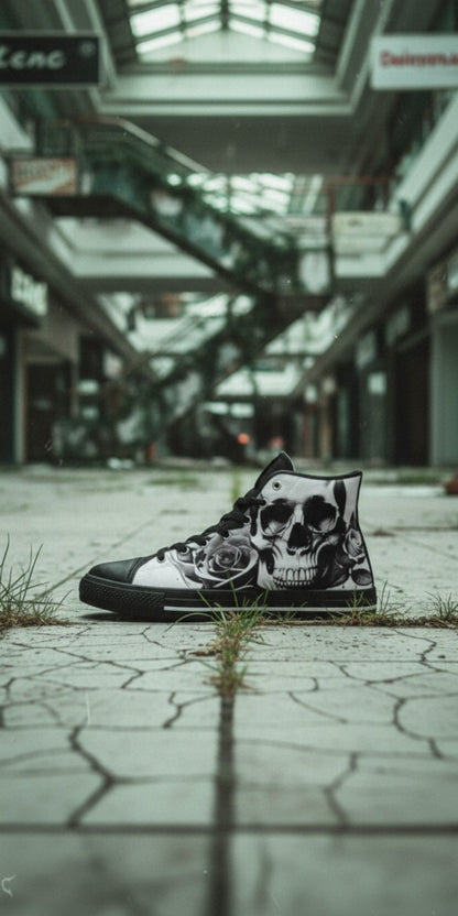 Custom Men's Cartoon Skulls & Roses Black & White high-top canvas shoes with bold all-over art — Freaky Shoes