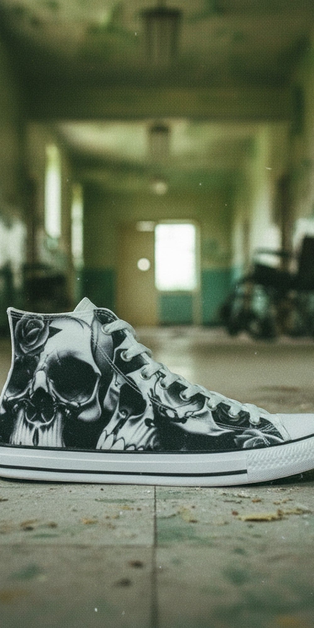 Men's Greyscale Skulls & Roses Black & White high-top canvas shoes, custom full-wrap printed design — Freaky Shoes