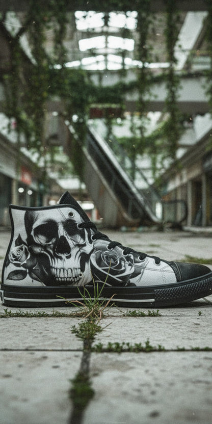 Custom Men's Cartoon Skulls & Roses Black & White high-top canvas shoes with bold all-over art — Freaky Shoes