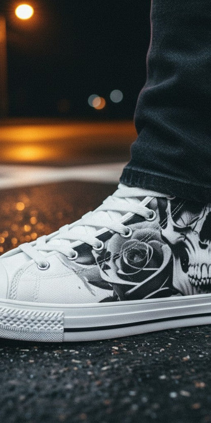Men's Cartoon Skulls & Roses Black & White high-top canvas shoes, custom full-wrap printed design — Freaky Shoes