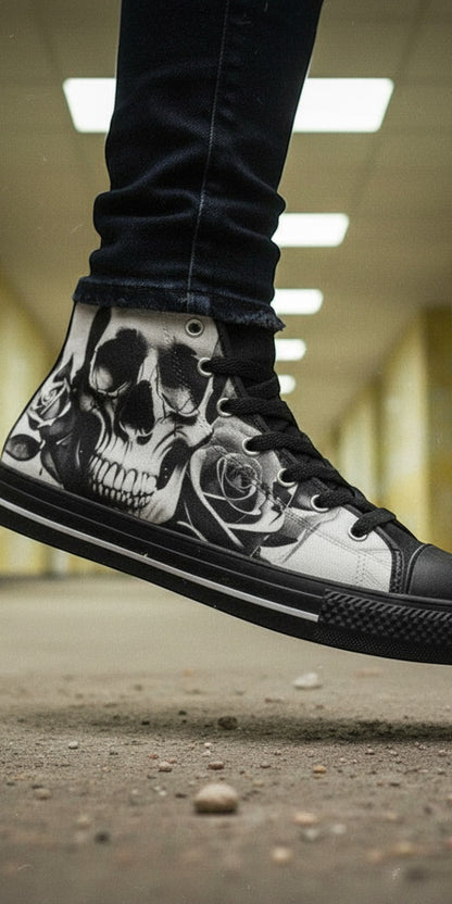 Men's Cartoon Skulls & Roses Black & White custom high-top canvas shoes — wearable art by Freaky Shoes
