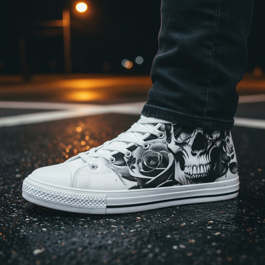 Freaky Shoes® men's high-top canvas sneakers featuring a grey skull and rose graphic print on a white background.