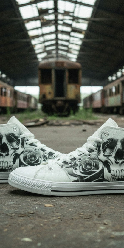 Men's Cartoon Skulls & Roses Black & White custom high-top canvas shoes — wearable art by Freaky Shoes