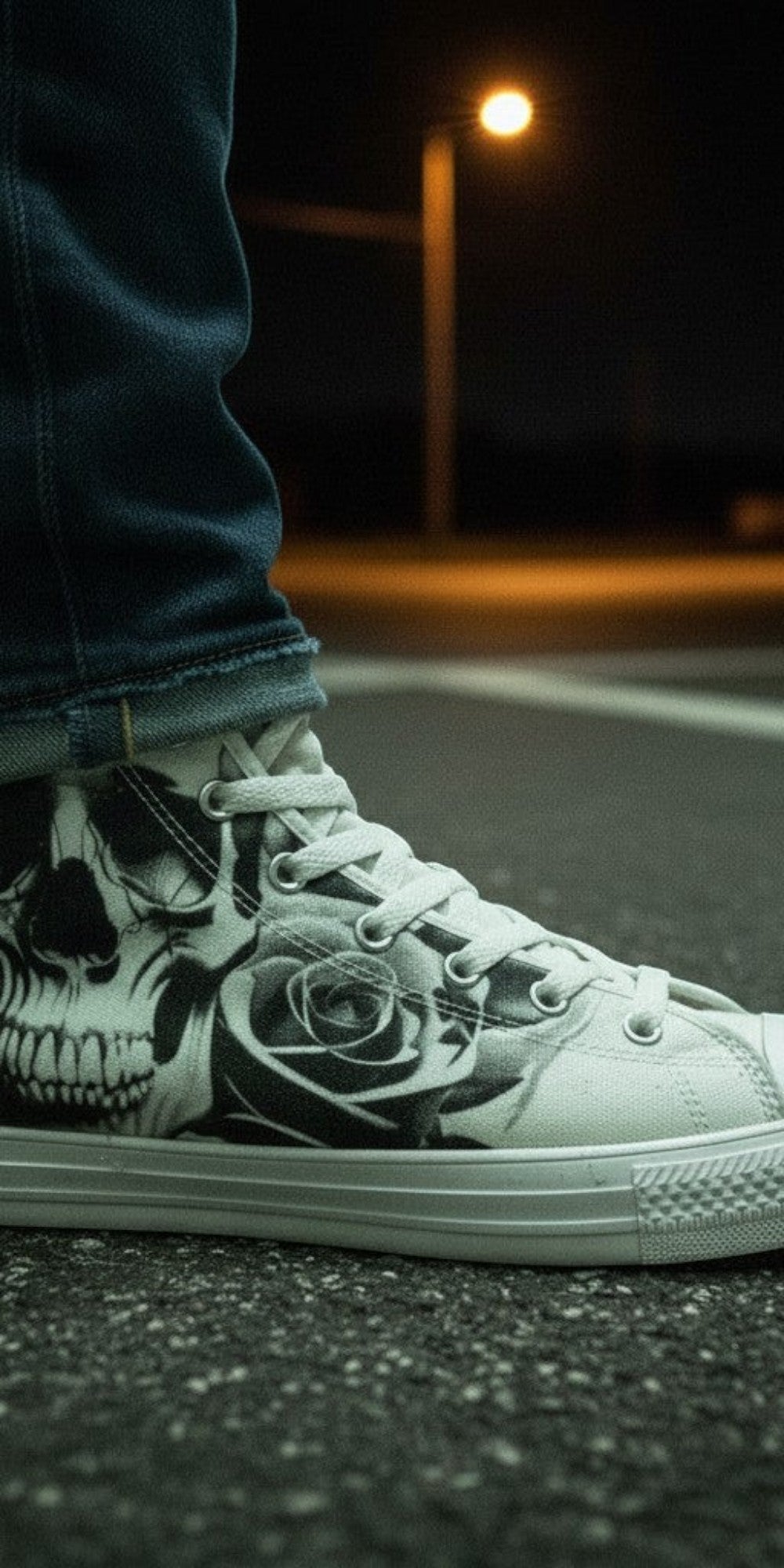 Men's Cartoon Skulls & Roses Black & White high-top canvas shoes, custom full-wrap printed design — Freaky Shoes