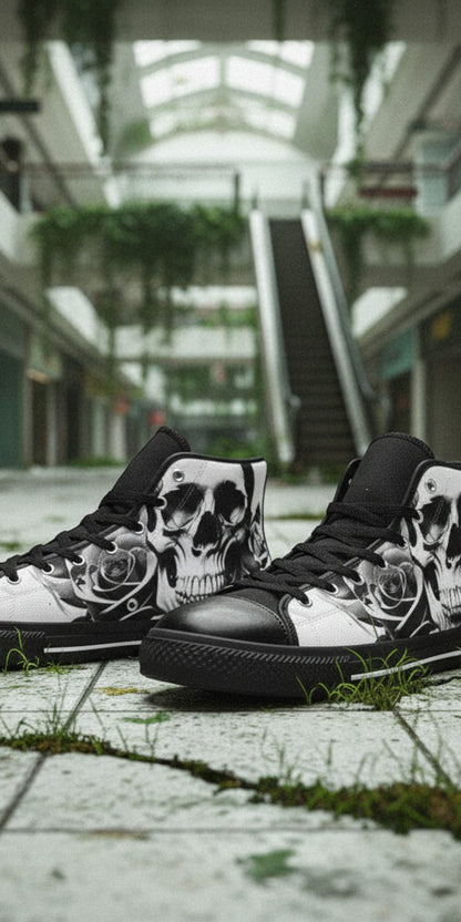 Men's Cartoon Skulls & Roses Black & White hand-made high-top canvas shoes — unique wearable art by Freaky Shoes