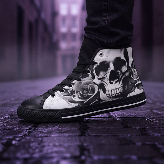 Freaky Shoes® women's high-top canvas sneakers featuring a grey skull and rose print with black rubber soles.