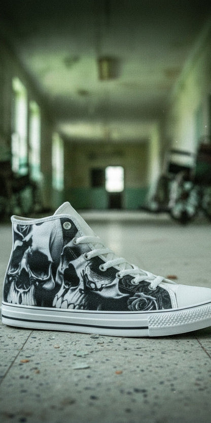 Custom Men's Greyscale Skulls & Roses Black & White high-top canvas shoes with bold all-over art — Freaky Shoes