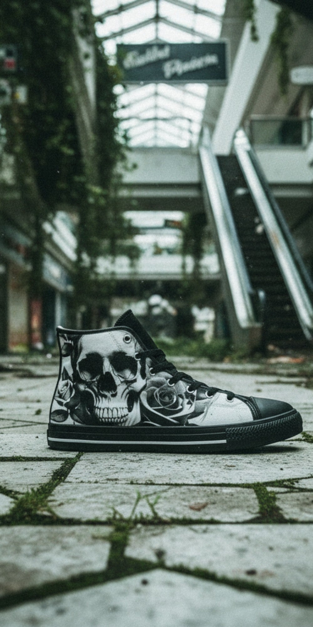 Men's Cartoon Skulls & Roses Black & White hand-made high-top canvas shoes — unique wearable art by Freaky Shoes