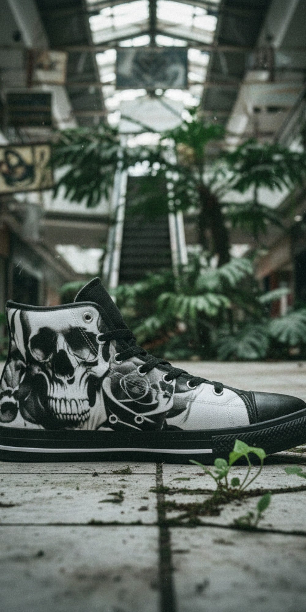 Men's Cartoon Skulls & Roses Black & White high-top canvas shoes — one-of-a-kind custom printed art, Freaky Shoes