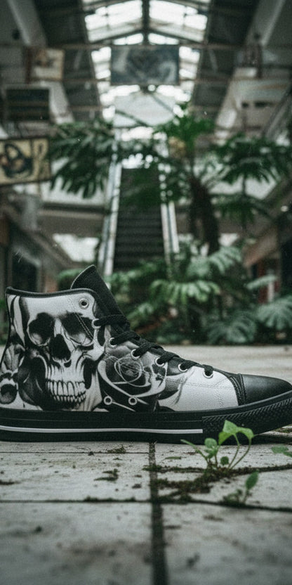 Men's Cartoon Skulls & Roses Black & White high-top canvas shoes — one-of-a-kind custom printed art, Freaky Shoes
