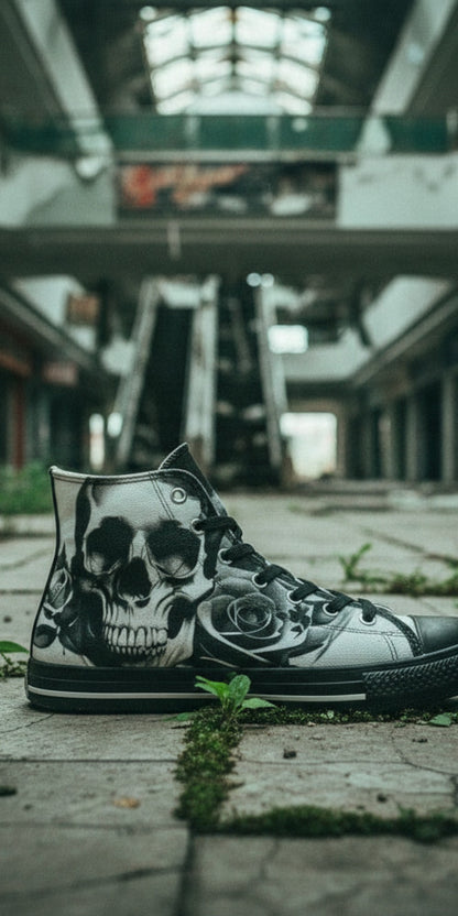 Men's Cartoon Skulls & Roses Black & White high-top canvas shoes — one-of-a-kind custom printed art, Freaky Shoes