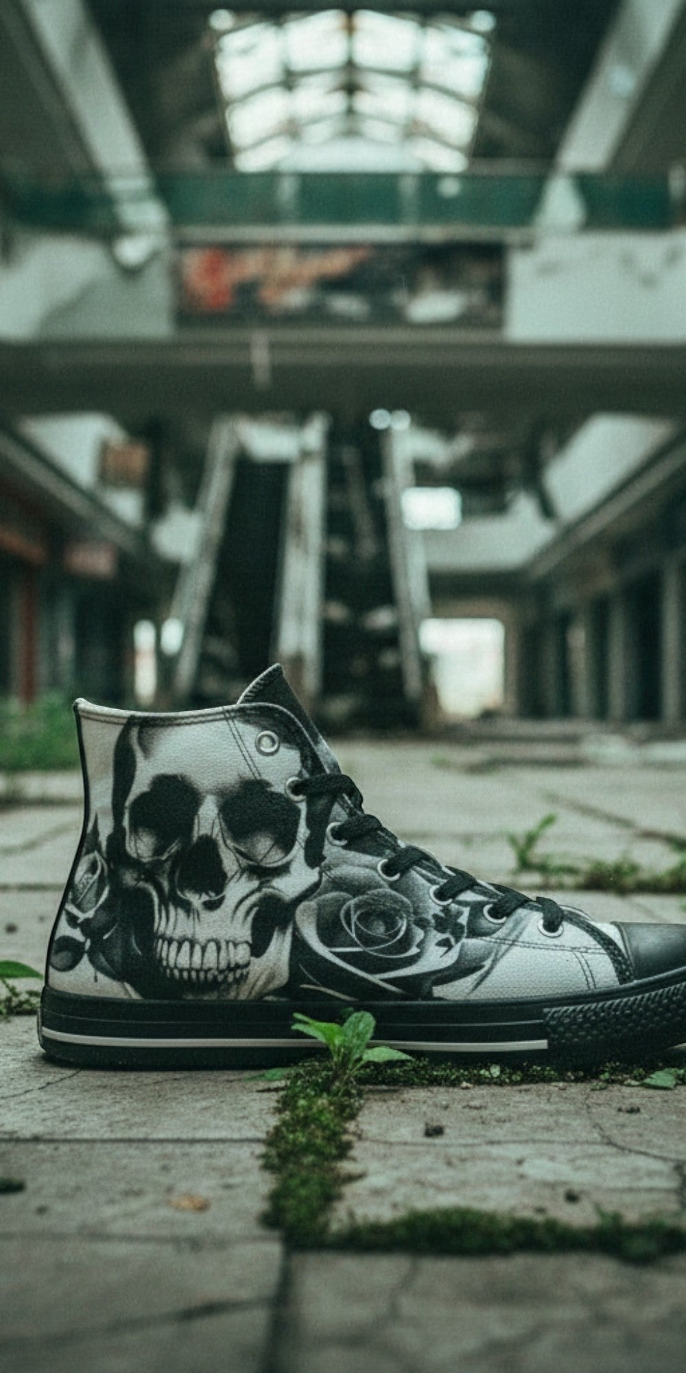 Men's Cartoon Skulls & Roses Black & White high-top canvas shoes — one-of-a-kind custom printed art, Freaky Shoes