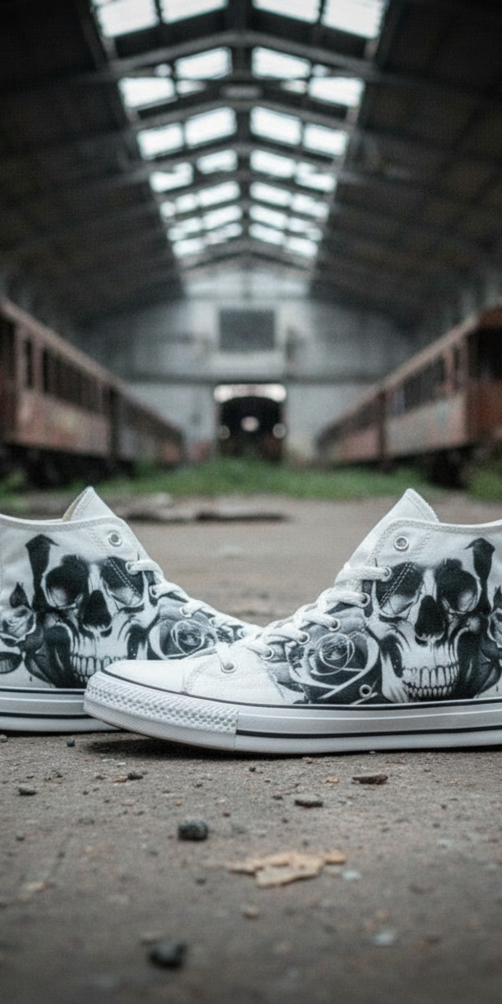 Men's Cartoon Skulls & Roses Black & White high-top canvas shoes, custom full-wrap printed design — Freaky Shoes